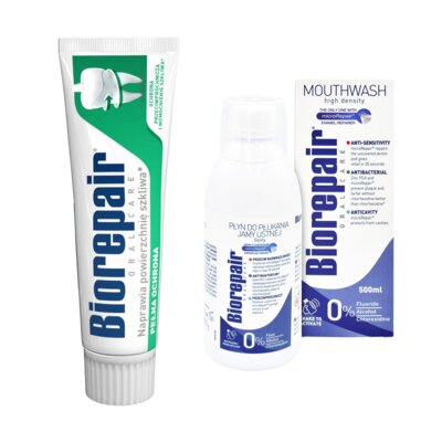 Pasta do zębów BIOREPAIR Pełna ochrona 75 ml + Płyn do płukania jamy ustnej BIOREPAIR Plus 500 ml