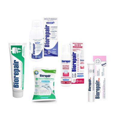 Zestaw BIOREPAIR Pasta do zębów Pełna ochrona 75 ml + Płyn do płukania jamy ustnej Plus 500 ml + Pianka do higieny jamy ustnej Peribioma 200 ml + Nić dentystyczna Woskowana (36 sztuk) + Żel do dziąseł Parodontgel Intensywnie Łagodzący 20 ml