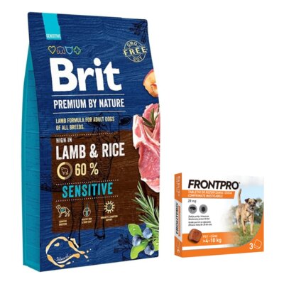 Karma dla psa BRIT Premium By Nature Jagnięcina z ryżem 8 kg + Tabletka przeciw pchłom i kleszczom FRONTPRO M (4 - 10 kg) Ochrona przez 12 tygodni