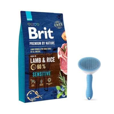 Karma dla psa BRIT Premium By Nature Jagnięcina z ryżem 8 kg + Szczotka PETIQUE PET01