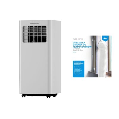 Klimatyzator przenośny GÖTZE & JENSEN AC9001 Timer Tryb Nocny Osuszanie Wentylator Biały + Uszczelka okienna MILLA HOME do klimatyzatorów przenośnych ACA101