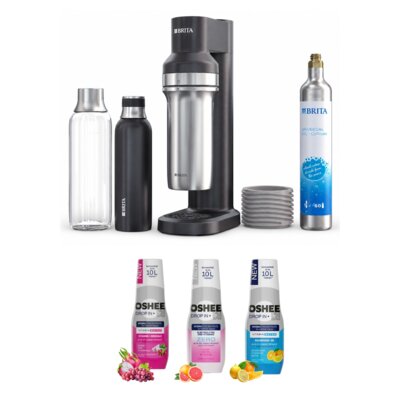 Saturator BRITA Sodatrio Czarny + Hydrokoncentrat OSHEE Witaminy i minerały 500 ml + Hydrokoncentrat OSHEE Zero elektrolity i witaminy 500 ml + Hydrokoncentrat OSHEE Magnez + B6 Cytryna i Pomarańcza 500 ml