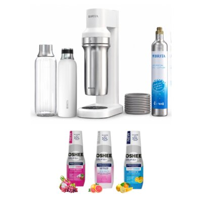 Saturator BRITA Sodatrio Biały + Hydrokoncentrat OSHEE Witaminy i minerały 500 ml + Hydrokoncentrat OSHEE Zero elektrolity i witaminy 500 ml + Hydrokoncentrat OSHEE Magnez + B6 Cytryna i Pomarańcza 500 ml