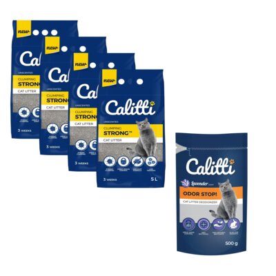 Żwirek dla kota CALITTI Strong 4 x 5 L + Neutralizator zapachu CALITTI Odor Stop! Lawenda 500 g