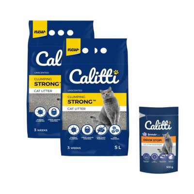 Żwirek dla kota CALITTI Strong 2 x 5 L + Neutralizator zapachu CALITTI Odor Stop! Lawenda 500 g