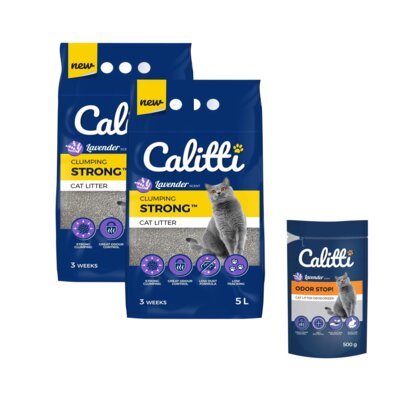 Żwirek dla kota CALITTI Strong Lavender 2 x 5 L + Neutralizator zapachu CALITTI Odor Stop! Lawenda 500 g