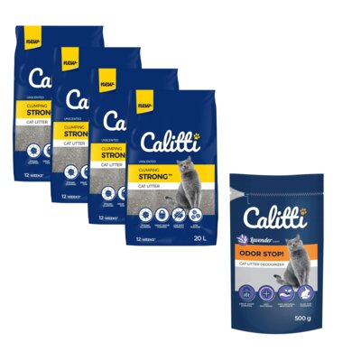 Żwirek dla kota CALITTI Strong 4 x 20 L + Neutralizator zapachu CALITTI Odor Stop! Lawenda 500 g