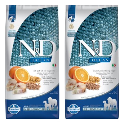 Karma dla psa FARMINA N&D Ocean Adult Medium&Maxi Dorsz z orkiszem z owsem i pomarańczą 2 x 12 kg