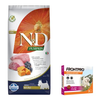Karma dla psa FARMINA N&D Jagnięcina z dynią i borówkami Adult Mini 7 kg + Tabletka przeciw pchłom i kleszczom FRONTPRO S (2 - 4 kg) Ochrona przez 12 tygodni