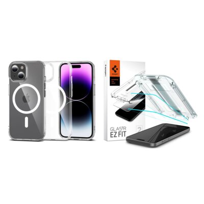 Etui TECH-PROTECT Flexair Hybrid Magsafe do Apple iPhone 15 Przezroczysty + Szkło hartowane SPIGEN Glas.TR EZ Fit 2-Pack do Apple iPhone 15