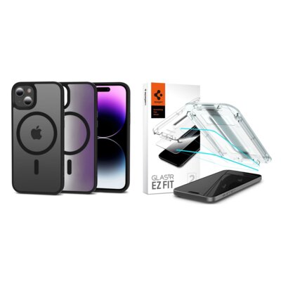 Etui TECH-PROTECT MagMat MagSafe do Apple iPhone 15 Czarny Matowy + Szkło hartowane SPIGEN Glas.TR EZ Fit 2-Pack do Apple iPhone 15