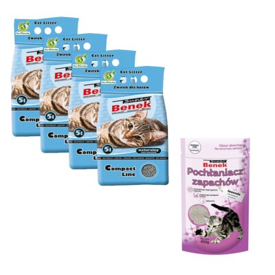 Żwirek dla kota SUPER BENEK Compact Naturalny 4 x 5 L + Pochłaniacz zapachu SUPER BENEK Lawenda 0.45 kg