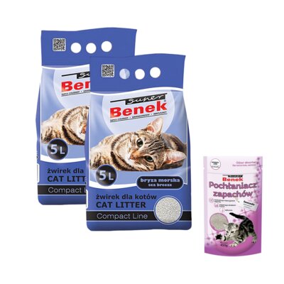 Żwirek dla kota SUPER BENEK Compact Bryza Morska 2 x 5 L + Pochłaniacz zapachu SUPER BENEK Lawenda 0.45 kg