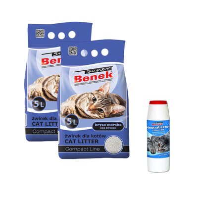 Żwirek dla kota SUPER BENEK Compact Bryza Morska 2 x 5 L + Neutralizator zapachu SUPER BENEK Naturalny 500 g