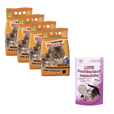 Żwirek dla kota SUPER BENEK Uniwersalny 4 x 5 L + Pochłaniacz zapachu SUPER BENEK Lawenda 0.45 kg