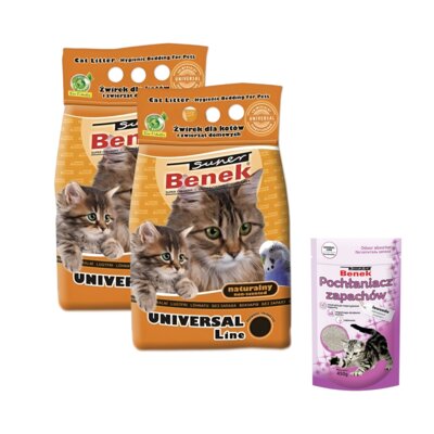 Żwirek dla kota SUPER BENEK Uniwersalny 2 x 5 L + Pochłaniacz zapachu SUPER BENEK Lawenda 0.45 kg