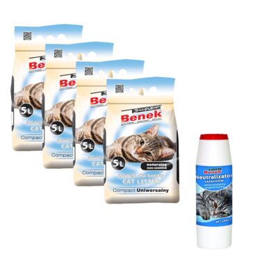 Żwirek dla kota SUPER BENEK Compact 4 x 5 L + Neutralizator zapachu SUPER BENEK Naturalny 500 g
