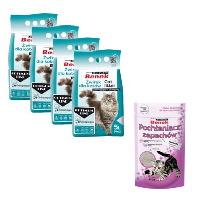 Żwirek dla kota SUPER BENEK Optimum Galapagos 4 x 5 L + Pochłaniacz zapachu SUPER BENEK Lawenda 0.45 kg