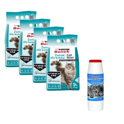 Żwirek dla kota SUPER BENEK Optimum Galapagos 4 x 5 L + Neutralizator zapachu SUPER BENEK Naturalny 500 g