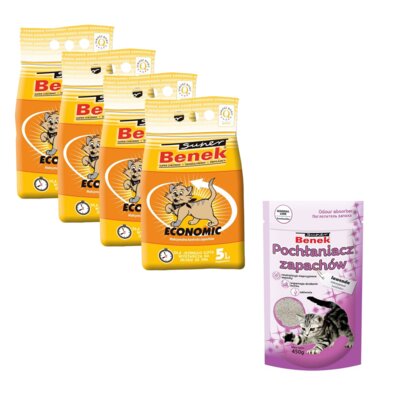 Żwirek dla kota SUPER BENEK Economic 4 x 5 L + Pochłaniacz zapachu SUPER BENEK Lawenda 0.45 kg