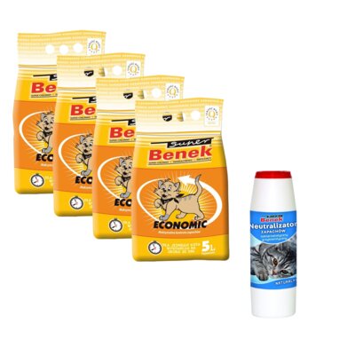 Żwirek dla kota SUPER BENEK Economic 4 x 5 L + Neutralizator zapachu SUPER BENEK Naturalny 500 g