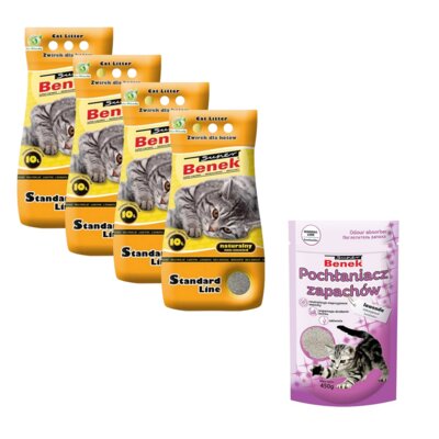 Żwirek dla kota SUPER BENEK Standard Naturalny 10111 4 x 10 L + Pochłaniacz zapachu SUPER BENEK Lawenda 0.45 kg