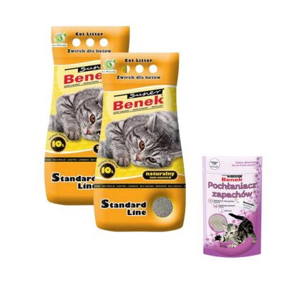 Żwirek dla kota SUPER BENEK Standard Naturalny 10111 2 x 10 L + Pochłaniacz zapachu SUPER BENEK Lawenda 0.45 kg
