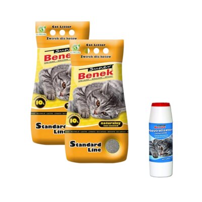 Żwirek dla kota SUPER BENEK Standard Naturalny 10111 2 x 10 L + Neutralizator zapachu SUPER BENEK Naturalny 500 g