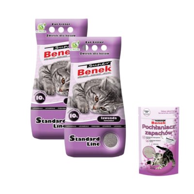 Żwirek dla kota SUPER BENEK Standard Lawenda 2 x 10 l + Pochłaniacz zapachu SUPER BENEK Lawenda 0.45 kg