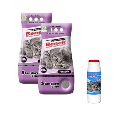 Żwirek dla kota SUPER BENEK Standard Lawenda 2 x 10 l + Neutralizator zapachu SUPER BENEK Naturalny 500 g