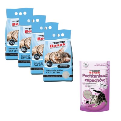 Żwirek dla kota SUPER BENEK Compact 4 x 10 l + Pochłaniacz zapachu SUPER BENEK Lawenda 0.45 kg