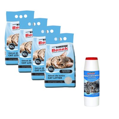 Żwirek dla kota SUPER BENEK Compact 4 x 10 l + Neutralizator zapachu SUPER BENEK Naturalny 500 g