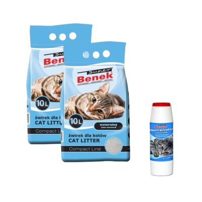Żwirek dla kota SUPER BENEK Compact 2 x 10 l + Neutralizator zapachu SUPER BENEK Naturalny 500 g