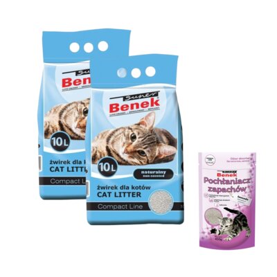 Żwirek dla kota SUPER BENEK Compact 2 x 10 l + Pochłaniacz zapachu SUPER BENEK Lawenda 0.45 kg