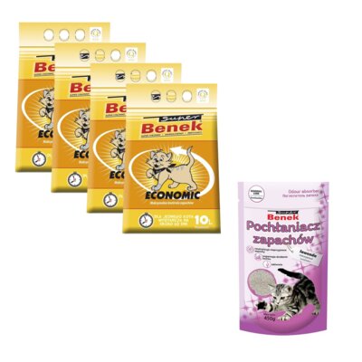 Żwirek dla kota SUPER BENEK Economic 4 x 10 L + Pochłaniacz zapachu SUPER BENEK Lawenda 0.45 kg