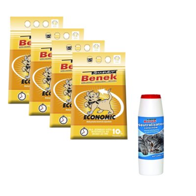 Żwirek dla kota SUPER BENEK Economic 4 x 10 L + Neutralizator zapachu SUPER BENEK Naturalny 500 g