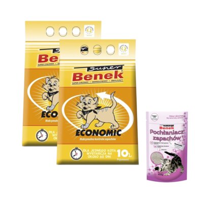 Żwirek dla kota SUPER BENEK Economic 2 x 10 L + Pochłaniacz zapachu SUPER BENEK Lawenda 0.45 kg