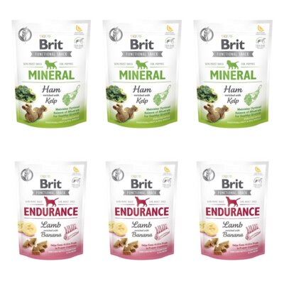 Przysmak dla psa BRIT CARE Dog Functional Snack Mineral Ham for Puppies 3 x 150 g + Przysmak dla psa BRIT CARE Dog Functional Snack Endurance Lamb 3 x 150 g