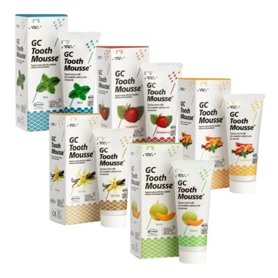 Zestaw past do zębów GC Tooth Mousse bez fluoru (Mięta, Truskawka, Tutti Frutti, Wanilia, Melon) 5 x 35 ml
