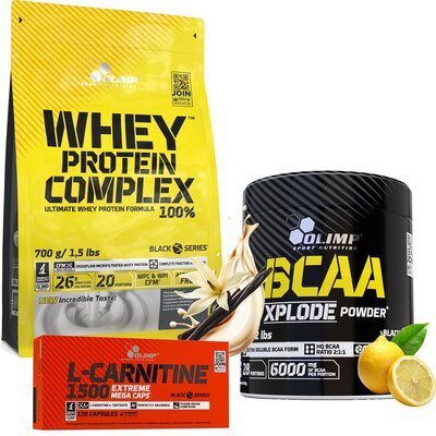 Zestaw wspomagający redukcję OLIMP Odżywka białkowa Protein Complex 100% Waniliowy (700 g) + Aminokwasy BCAA Xplode Powder Cytrynowy (280 g) + Spalacz tłuszczu L-Carnitine 1500 Extreme Mega Caps (120 kapsułek)