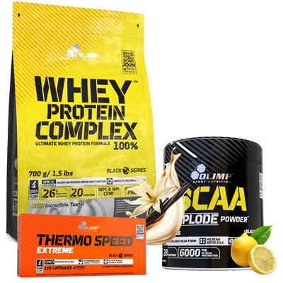 Zestaw wspomagający redukcję OLIMP Whey Protein Complex 100% Waniliowy (700 g) + Spalacz tłuszczu Thermo Speed Extreme Mega Caps (120 kapsułek) + Aminokwasy BCAA Xplode Powder Cytrynowy (280 g)