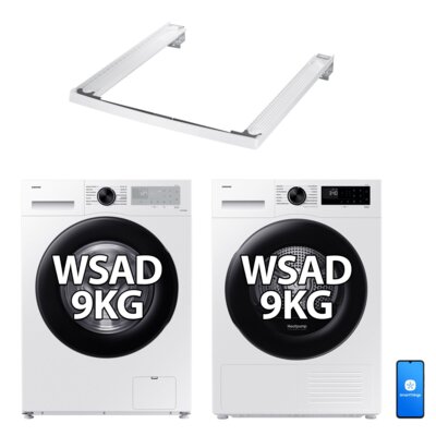 Pralka SAMSUNG AI Seria 5000 WW90CGC04DAH 9kg 1400 obr Ecobubble, Higieniczna Para + Suszarka SAMSUNG AI Seria 5000 DV90DG52A0AEEO 9kg Optimal Dry, Air Refresh, Suszenie 35' + Łącznik do pralek i suszarek SAMSUNG SKK-5EW do pralek AI z panelem LED biały