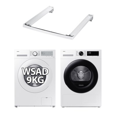 Pralka SAMSUNG WW90CGC04DTH AI Energy EcoBubble LessMicrofiber 9kg 1400 obr + Suszarka SAMSUNG DV5000D DV90DG52A0AE z pompą ciepła Optimal Dry + Łącznik SAMSUNG SKK-5EW