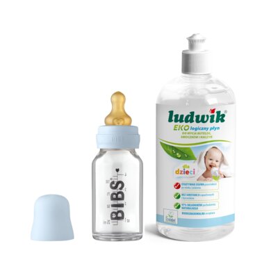Butelka BIBS Baby Glass Bottle 110 ml Niebieski + Płyn do mycia butelek i smoczków LUDWIK CG1010102ZEKL0121 475 ml