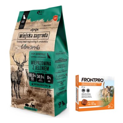 Karma dla psa WIEJSKA ZAGRODA Wieprzowina z jeleniem S 9 kg + Tabletka przeciw pchłom i kleszczom FRONTPRO M (4 - 10 kg) Ochrona przez 12 tygodni