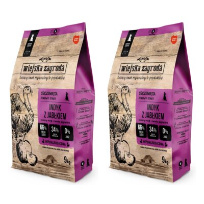 Karma dla psa WIEJSKA ZAGRODA Junior Indyk z jabłkiem M 2 x 9 kg