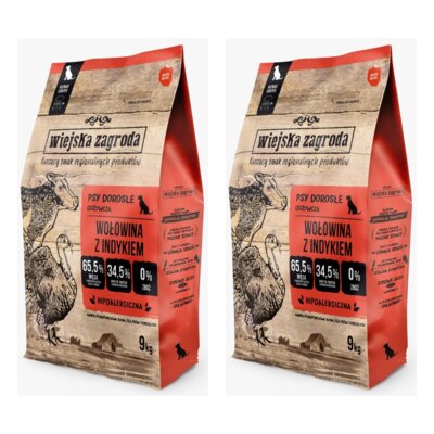 Karma dla psa WIEJSKA ZAGRODA Wołowina z indykiem L 2 x 9 kg