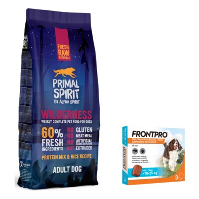 Karma dla psa półwilgotna ALPHA SPIRIT Wilderness Kurczak z wieprzowiną i rybą 12 kg + Tabletka przeciw pchłom i kleszczom FRONTPRO L (10 - 25 kg) Ochrona przez 12 tygodni