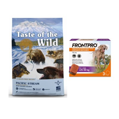 Karma dla psa TASTE OF THE WILD Pacific Stream Łosoś 12.2 kg + Tabletka przeciw pchłom i kleszczom FRONTPRO XL (25 - 50 kg) Ochrona przez 12 tygodni