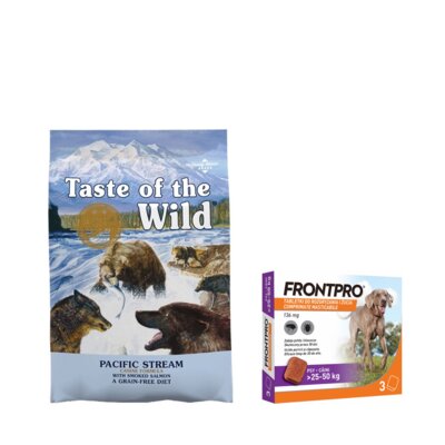 Karma dla psa TASTE OF THE WILD Pacific Stream Łosoś 12.2 kg + Tabletka przeciw pchłom i kleszczom FRONTPRO XL (25 - 50 kg) Ochrona przez 12 tygodni